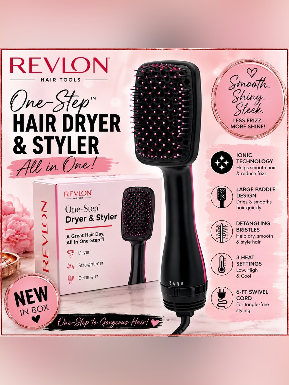 NWT Revlon One-Step Hair Dryer & Styler Paddle Brush Black Pink